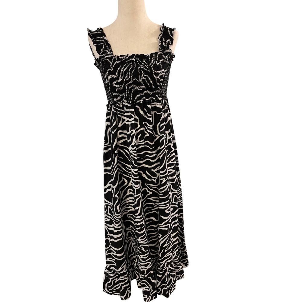 Rails Black White Zebra Print Midi Dress Women’s Medium Smocked Strappy Ruffle